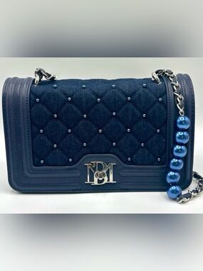 NWT Badgley Mischa Denim Quilted Navy Crossbody Bag with Pearl Detailing